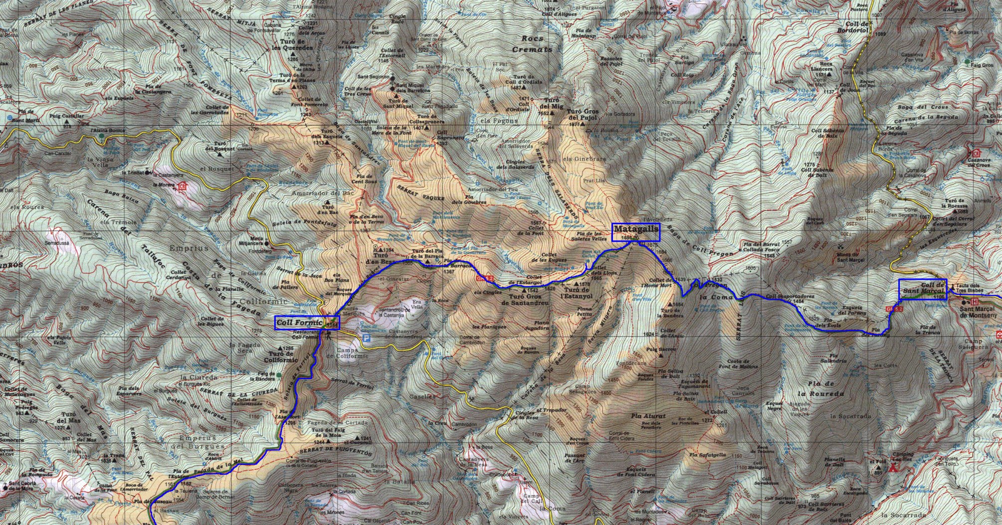 Croquis del recorrido Travesia por el Montseny 2.022. 2º parte, del Pla de La Calma al Coll de Sant Marçal, pasando por Collformic y la cima del Matagalls. 